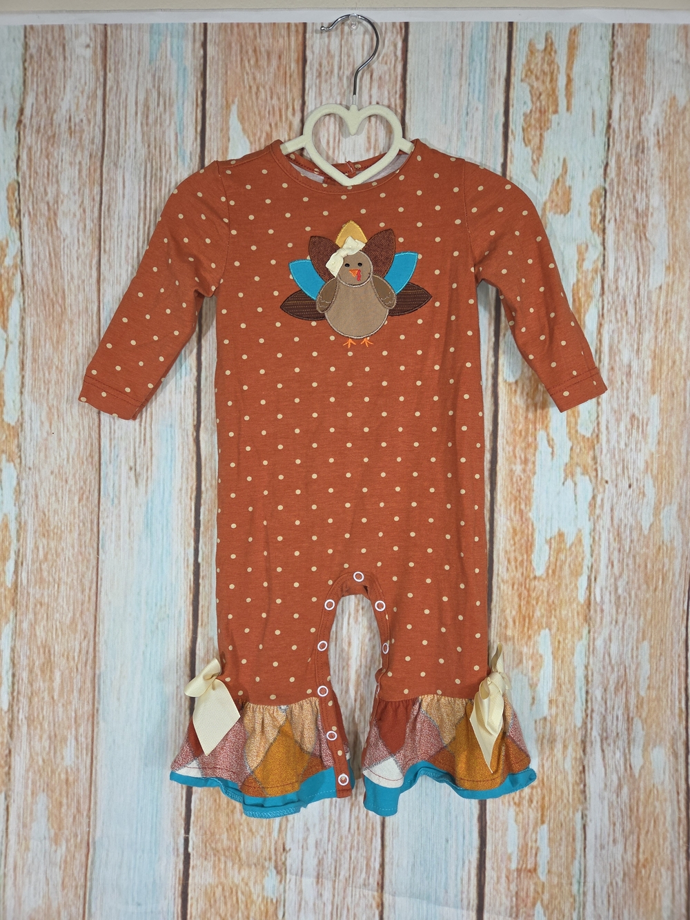 Ricrac & Ruffles Boutique Rust Polka Dot Turkey Applique Ruffle One-Piece. 12M